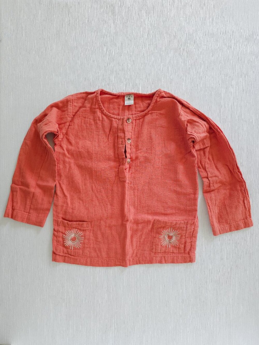 Kate Quinn Organic Cotton Gauze Long Sleeve Sun Pocket Boxy Shirt Mango 7Y